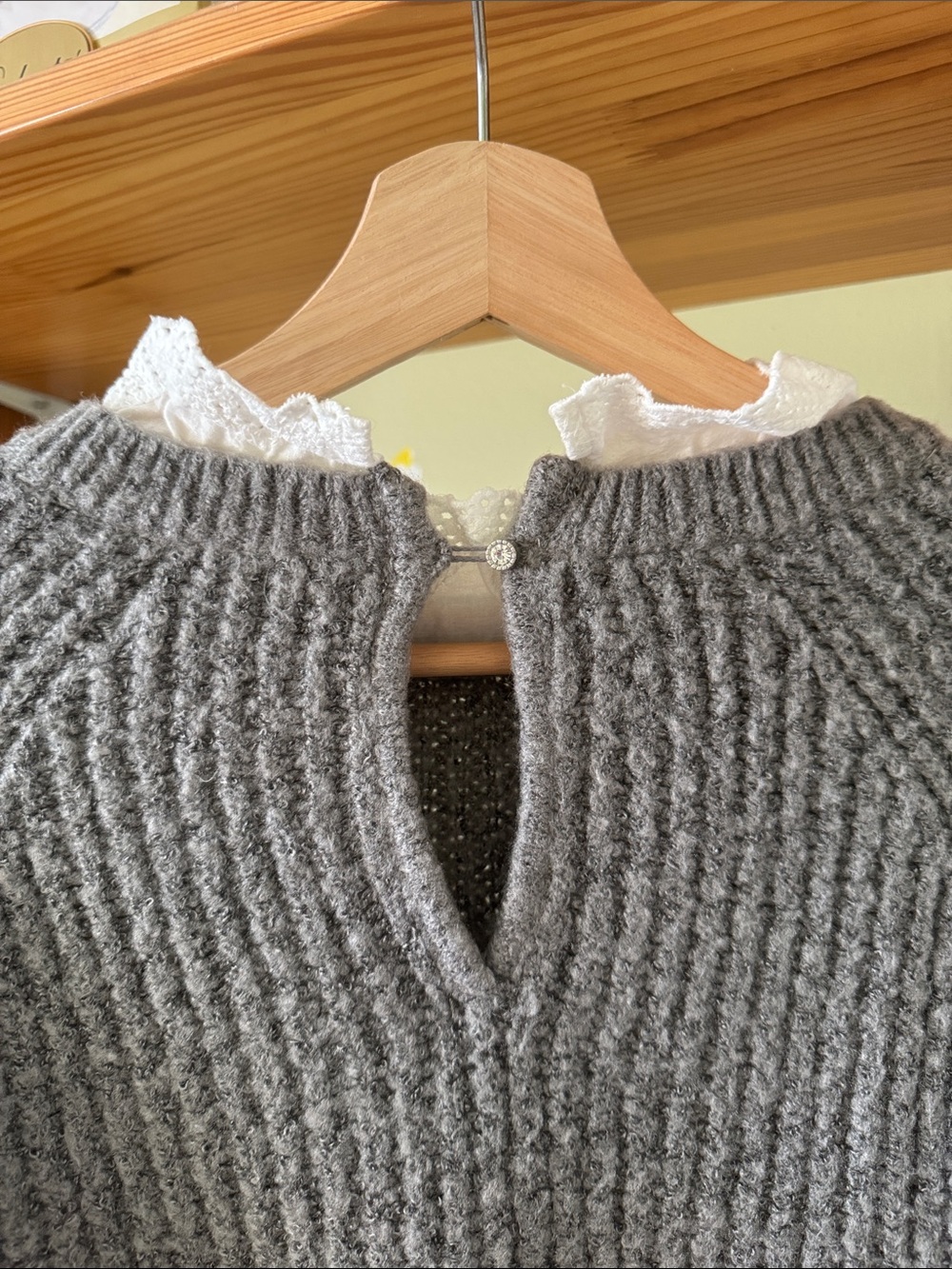Gray Knit Crewneck Sweater with Lace Trim - Picture 3 of 6